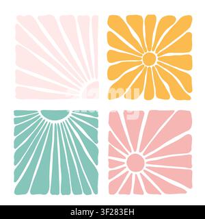 Collection solaire rétro groovy. Ensemble de formes de gribouillis originaux aux couleurs vintage Illustration de Vecteur