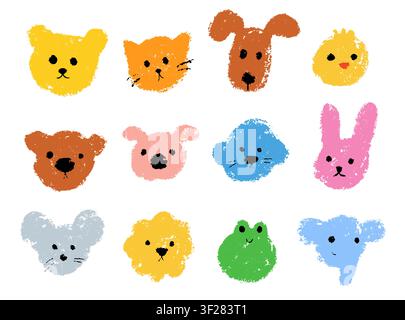Ensemble mignon de dessins d'animaux au crayon. Chat, ours, lapin, cochon, souris, grenouille, éléphant en craie doodle Illustration de Vecteur