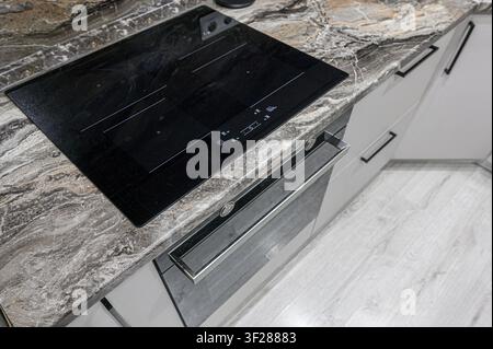 Close-up d'une cuisine moderne avec une plaque de cuisson à induction noire sur un plan de travail marbré. Des armoires élégantes et un four encastré complètent le look contemporain Banque D'Images