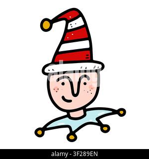 Doodle personnage d'elfe avec chapeau. Aide festive dessinée à la main isolée sur fond blanc. Costume de carnaval de Noël, mascotte de vacances, symbole de cloches d'hiver Illustration de Vecteur