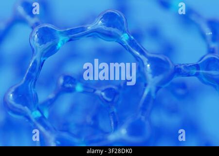 Rendu 3D abstrait d'une structure moléculaire bleue avec réseau hexagonal. Liaisons atomiques vitrées très détaillées, parfaites pour la nanotechnologie, la chimie, la biologie Banque D'Images