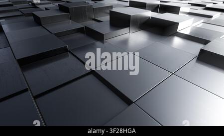 Vue rapprochée de cubes métalliques futuristes formant une surface abstraite géométrique. Fond rendu en 3D avec des blocs sombres brillants, profondeur et réflexion de lumière Banque D'Images