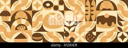 Pain. Designs de bannières géométriques de pâtisseries. Motif mosaïque sans couture de boulangerie. Fond de lignes abstraites. Icônes de pain avec des formes simples pour étiquette, couverture, étiquette de prix, fond. Illustration de Vecteur