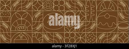 Pain. Designs de bannières géométriques de pâtisseries. Motif mosaïque sans couture de boulangerie. Fond de lignes abstraites. Icônes de pain avec des formes simples pour étiquette, couverture, étiquette de prix, fond. Illustration de Vecteur