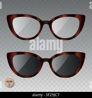 Ensemble de lunettes 3D en écaille de tortue. Lunettes de vue et lunettes de soleil avec monture en écaille de tortue. Collection de lunettes de mode brunes pour magasin d'optique Illustration de Vecteur