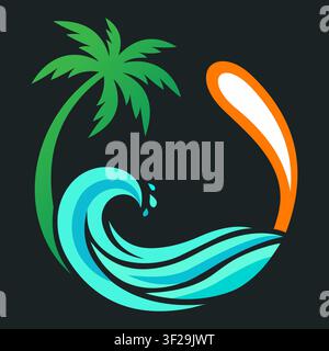 Conception de logo circulaire abstrait mettant en vedette un palmier, une vague océanique et un élément de soleil Illustration de Vecteur