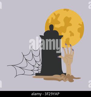 Design de carte d'Halloween dessiné à la main avec toile d'araignée, lune, tombe avec composition de main de zombie pour une décoration saisonnière Illustration de Vecteur