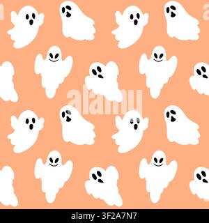 Motif Halloween sans couture avec des fantômes blancs volants. Fond orange vectoriel pour des designs festifs d'automne effrayants. Illustration de Vecteur