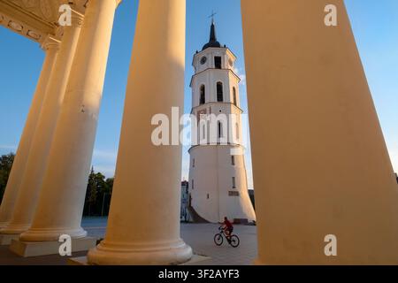 Le clocher vu à travers les colonnes de la cathédrale de Vilnius, place de la cathédrale, Vilnius, Lituanie, États baltes, Europe de l'Est Banque D'Images