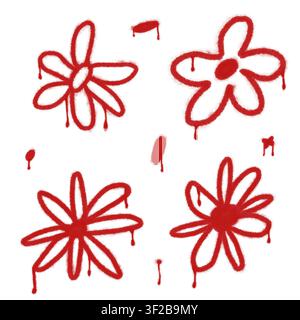 Fleurs graffiti en peinture spray rouge avec effet de goutte isolées sur fond blanc Banque D'Images