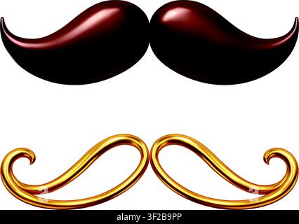 Moustaches décoratives brunes et dorées isolées sur fond blanc. Ensemble de symboles pour la fête des pères gentleman Illustration de Vecteur