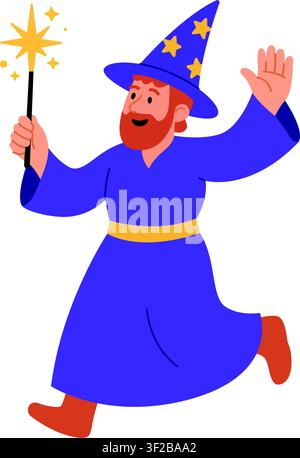 Wizard joyeux en carton courant avec une baguette magique. Personnage de sorcier heureux portant un chapeau étoilé violet et une robe, illustration vectorielle plate pour designs fantastiques Illustration de Vecteur