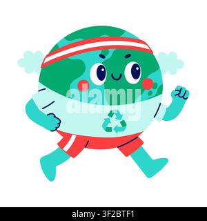 Personnage mignon de la Terre courant en tenue de sport avec un symbole de recyclage sur sa chemise. Illustration vectorielle d'un masque actif de la planète promouvant l'action climatique Illustration de Vecteur