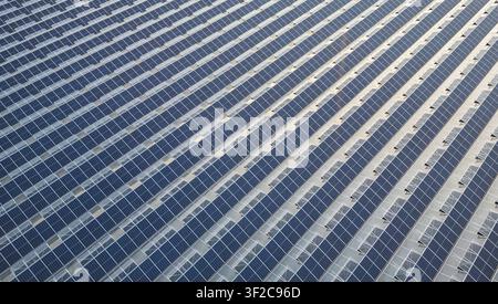 Vue aérienne de panneaux solaires et de lucarnes de serre formant un motif géométrique abstrait sur un grand toit de serre commerciale à Saulce-sur-Rhone Banque D'Images