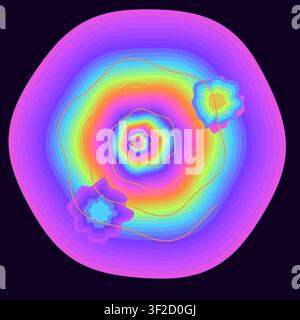 Cette œuvre d'art présente un vortex tourbillonnant de couleurs radieuses et de gouttes liquides, créant un effet visuel hypnotique et accrocheur. Illustration de Vecteur