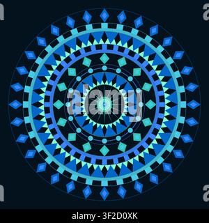 Ce design présente un mandala complexe et symétrique composé de cercles concentriques avec des pétales, des rayons et des points sur un fond sombre et profond. Il met l'accent Illustration de Vecteur