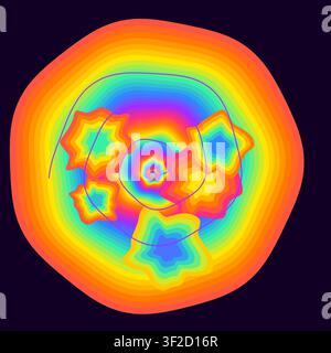 Cette œuvre d'art présente une spirale psychédélique audacieuse composée de bandes arc-en-ciel colorées et lumineuses formant un vortex concentrique. Le design comprend des gouttes liquides a Illustration de Vecteur