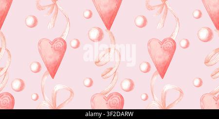 Cœurs roses, rubans et perles perlées motif rayures verticales sans couture sur fond rose. Design romantique aquarellé pour cartes de Saint-Valentin, emballage cadeau, f Banque D'Images