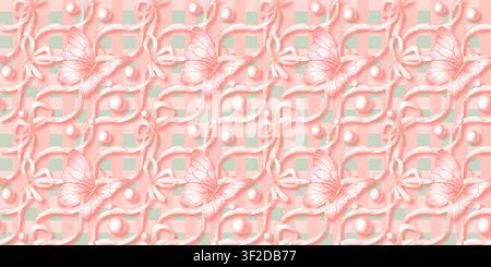 Papillons avec rubans et perles, motif sans couture sur fond à carreaux rose et menthe, aquarelle. Design romantique pour le scrapbooking, mariage en Banque D'Images