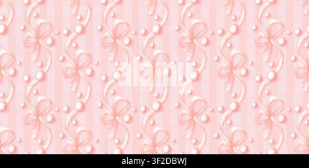 Nœuds roses et perles nacrées motif sans couture sur fond à carreaux rose, aquarelle. Pour emballage cadeau, tissu, papier peint, papeterie et décoration de fête. Banque D'Images