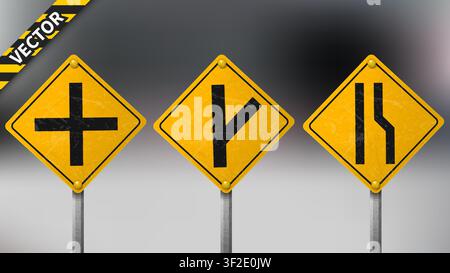 Ensemble de panneaux de signalisation d'avertissement sur un fond de circulation flou, isolé et facile à modifier, illustration vectorielle Illustration de Vecteur