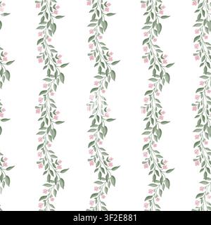 Motif vertical sans couture en aquarelle avec des vignes suspendues, des feuilles vertes et des cœurs roses. Pour les invitations de mariage, la conception textile, le papier peint. Illustration romantique sur fond blanc, emballage féminin Banque D'Images