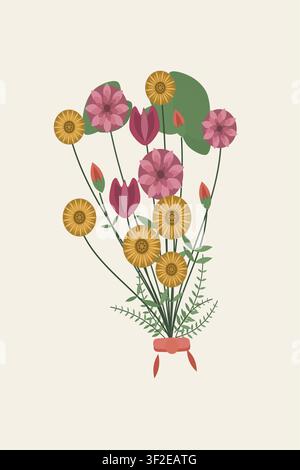 Cette œuvre d'art présente un bouquet composé de diverses fleurs, notamment des tulipes et des marguerites, disposées soigneusement avec des feuilles vertes. Le design présente b Illustration de Vecteur