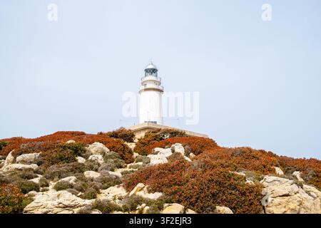 Phare de Cap de Formentor sur une colline rocheuse contre un ciel clair, Majorque, Espagne Banque D'Images