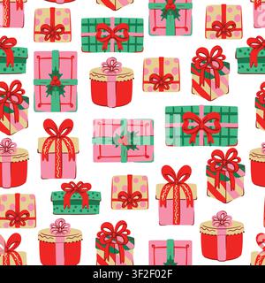 Motif sans couture cadeau de Noël avec nœuds de cadeaux colorés emballage de fête Illustration de Vecteur