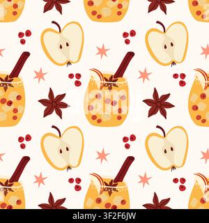 Motif sans couture automnal chaud avec pommes jaunes, cidre et épices d'automne Illustration de Vecteur