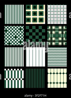 Collection simple de motifs géométriques sans couture de Noël avec rayures, carrés, points, vagues et motifs quadrillés. Fonds minimaux pour emballages de fêtes Illustration de Vecteur