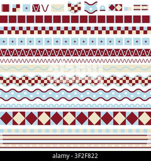 Ensemble d'éléments de bordure de Noël avec rayures festives, vagues à carreaux, étoiles et garnitures de fête Illustration de Vecteur