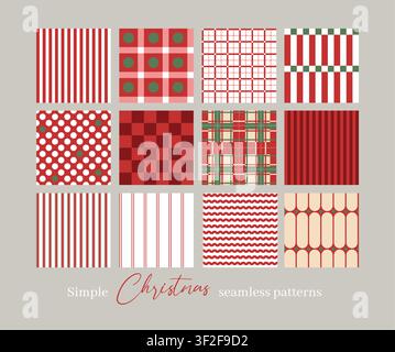 Collection de motifs géométriques sans couture de Noël avec rayures, carreaux, points, vagues, designs minimalistes de vacances Illustration de Vecteur