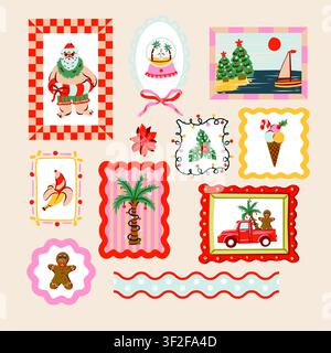 Ensemble d'éléments isolés de Noël tropical avec le Père Noël, palmier, pain d'épices, clipart de vacances d'été Illustration de Vecteur