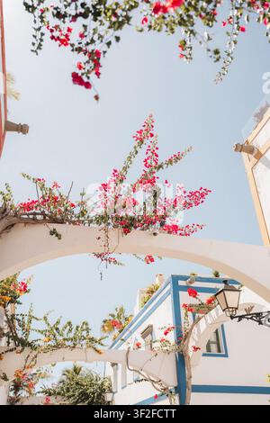 Las Palmas, Espagne - 17 juillet 2025 : Vue sur le charme de l'architecture blanche de Puerto de Mogan ornée de fleurs de bougainvilléa roses vives sous un c Banque D'Images
