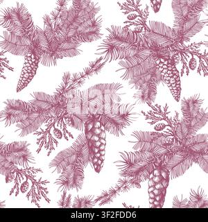 Motif sans couture Toile de pin de Noël avec cônes vintage branches design botanique de vacances d'hiver Illustration de Vecteur