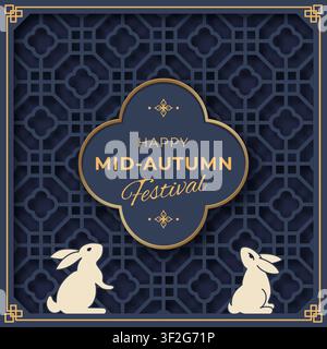 Bannière décorative pour le Festival du Milieu de l'Automne mettant en vedette des lapins, un motif géométrique et des accents dorés Illustration de Vecteur
