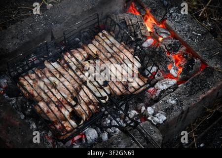 Barbecue portatif chaud et vide avec feu flamboyant et charbon de bois sur fond noir. En attente de l'emplacement de vos aliments. Gros plan Banque D'Images