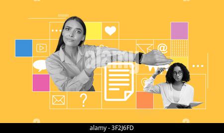 Femme confiante pointant une montre intelligente au bureau, concentrée sur les objectifs et le concept de progrès Banque D'Images