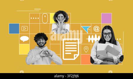Trois jeunes adultes heureux interagissant avec la technologie sur fond jaune, concept commercial Banque D'Images
