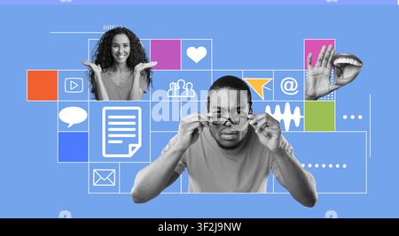 Homme afro-américain concentré portant des lunettes regardant un document au bureau, concept commercial Banque D'Images