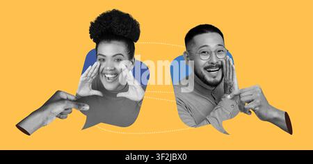 Jeune femme afro-américaine souriante communiquant avec un homme asiatique heureux dans un cadre de bureau Banque D'Images