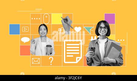Deux femmes asiatiques heureuses discutant des idées et travaillant au bureau, concept d'affaires Banque D'Images