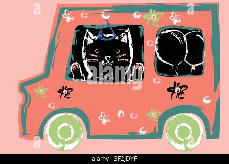 Illustration vectorielle dessinée à la main style crayon, chat mignon portant un chapeau de fête à l'intérieur d'une camionnette décorée de couleurs vives avec des ballons. Parfait pour les anniversaires et Gre Illustration de Vecteur