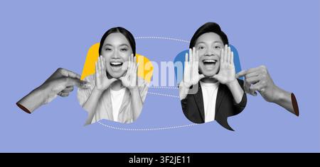 Femme et homme asiatiques souriants communiquant avec les mains au bureau, concept d'affaires Banque D'Images