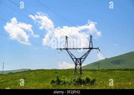 Un poteau électrique se dresse dans une prairie verte sous un ciel bleu. Les lignes électriques s'étendent à travers l'horizon sur des collines ondulantes Banque D'Images