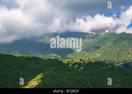 Paysage montagneux avec des pentes verdoyantes et un ciel nuageux. Des pics rocheux s'élèvent au-dessus de forêts denses. Les nuages dérivent au-dessus des crêtes montagneuses Banque D'Images
