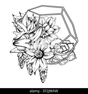 Têtes d’echeveria et succulentes sedum rampantes dans un cadre dodécaèdre en métal à facettes. Croquis vectoriel isolé dessiné à la main à l’encre. Convient au style contemporain Illustration de Vecteur