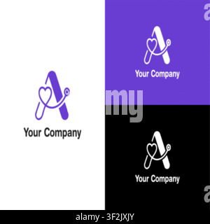 Design minimaliste de logo avec la lettre A et des symboles de cœur et de stéthoscope pour les entreprises médicales, hospitalières ou de soins de santé. Illustration de Vecteur
