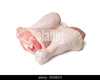 Trompettes de poulet crues isolées, cuisses de volaille non cuites, viande de poulet fraîche, drumstick de poulet frais sur fond blanc Banque D'Images